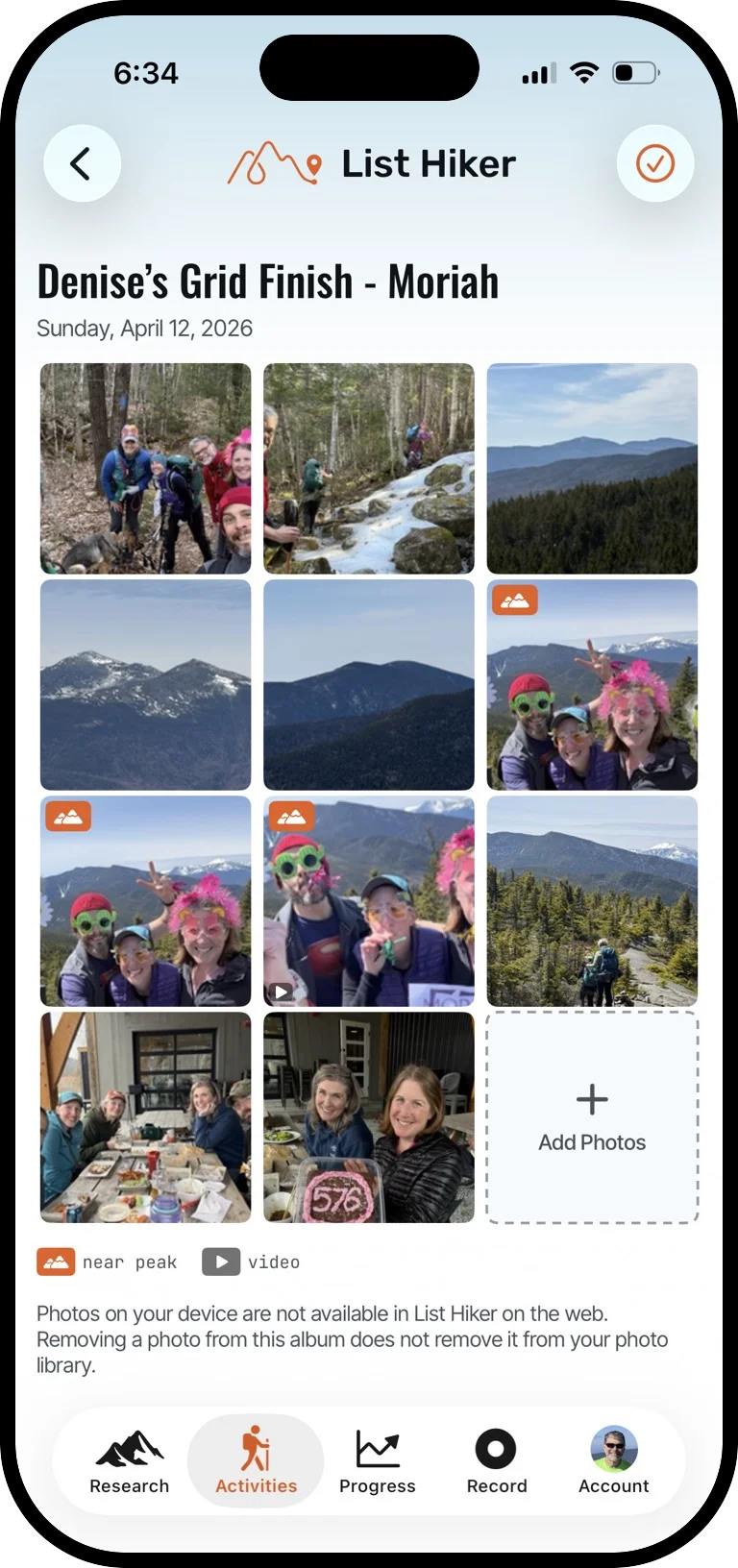 List Hiker iPhone app album for Denise’s Grid Finish on Moriah, with photos gathered from the device including near-peak shots