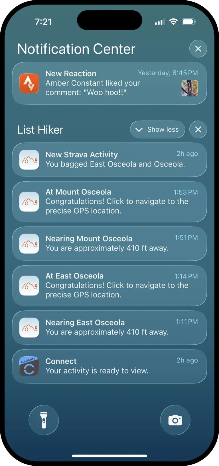 iPhone notifications: Garmin Connect reports a new activity, then List Hiker reports a new Strava activity — “You bagged East Osceola and Osceola”