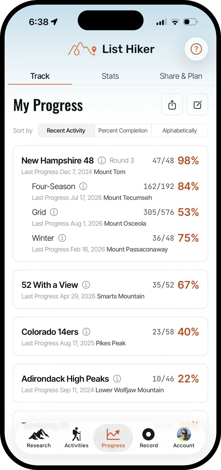 List Hiker iPhone app My Progress screen showing tracked lists including the New Hampshire 48, 52 With a View, Colorado 14ers, and Adirondack High Peaks
